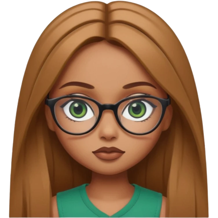 pretty bratz baddie, light brown straight hair, dark green eyes, glasses, pretty eyeliner emoji