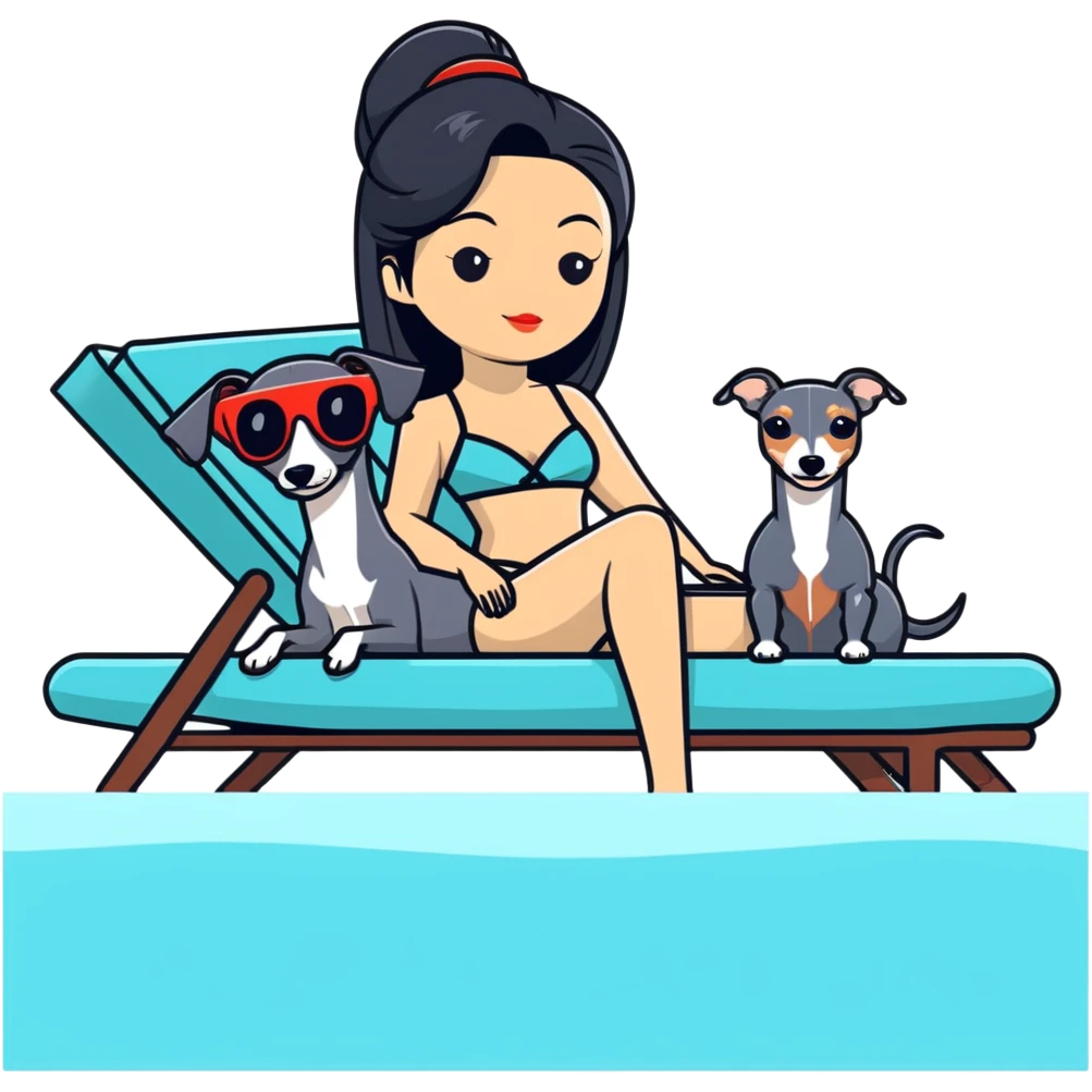 Very thin and slim Chinese woman with long black hair in elegant pool attire relaxing on a comfortable spa lounger at a luxury spa pool with only ONE Italian greyhound that is COMPLETELY solid dark grey with ABSOLUTELY ZERO white markings anywhere - 100% uniform dark grey color only - the single dog is relaxing on or beside the lounger emoji