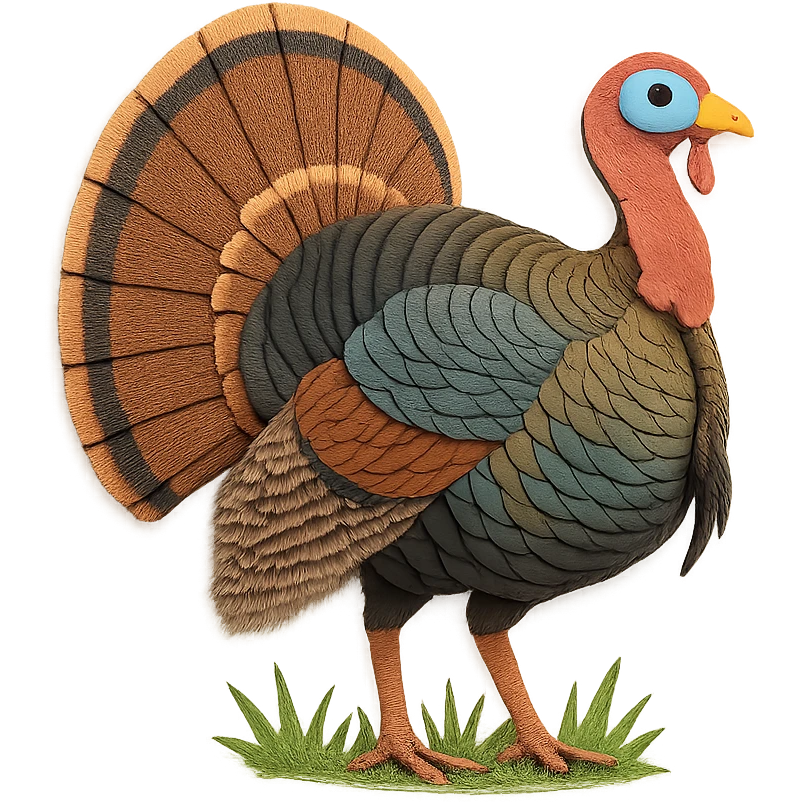 very detailed Eastern Wild Turkey, intricate cut paper textures, iridescent bronze and green feathers, fanned tail, realistic markings, standing in natural grass emoji