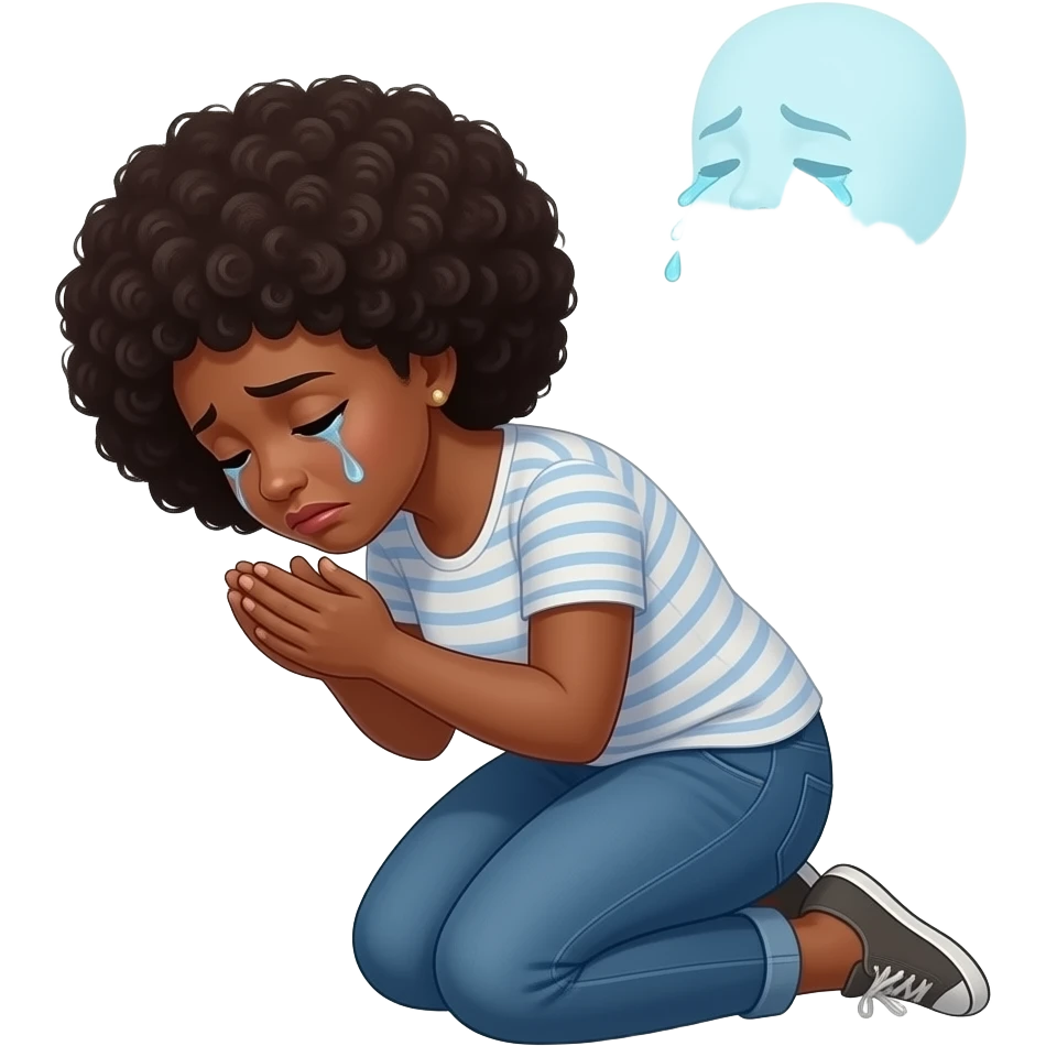 show a black women on their knee begging really sad, the spirit above her cry out emoji