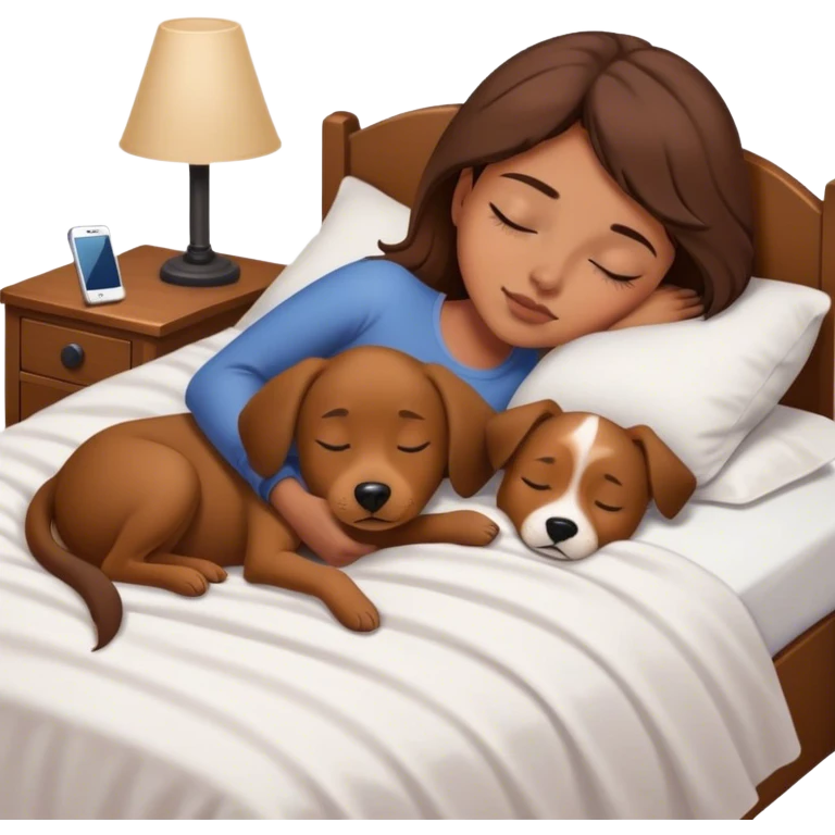 Young brown headed girl sleeping in her bed with her tan to brown dog med size on her bed. Her phone with her as she sleeps like sleeping beauty emoji