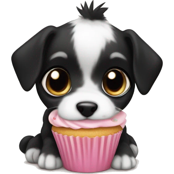 Cute big eyed Black and white teddy Roosevelt terrier puppy (no brown) eating a cupcake emoji