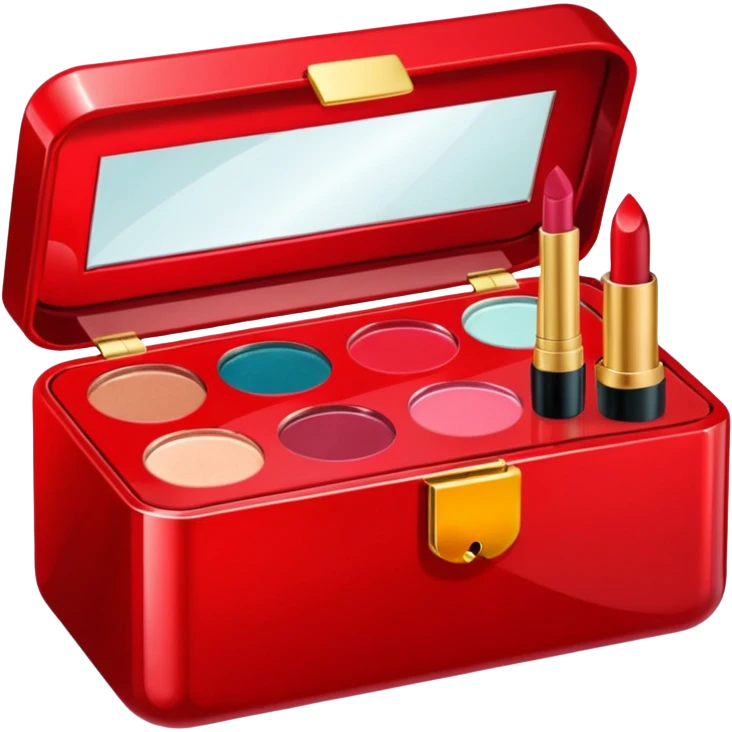 five cosmetic products in jewel box (box is red color+5 cosmetic products like lip, eye shadow, brush, cream emoji