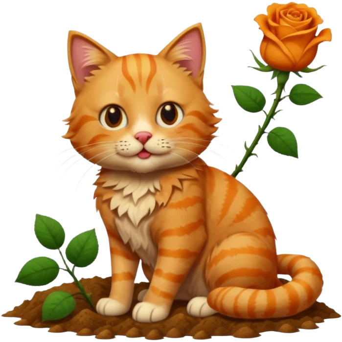 A fluffy, orange tabby cat fuul body, having a rose in it's mouth, and looked like he came from outside. emoji