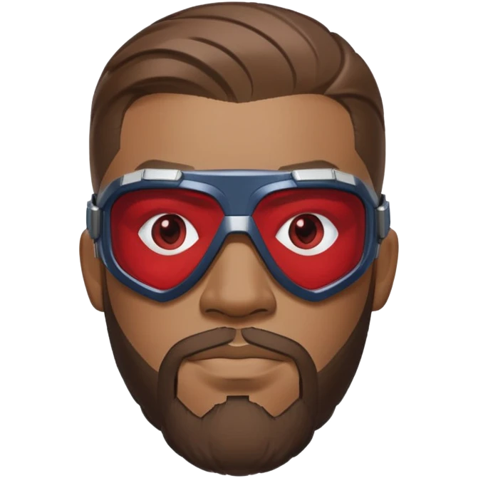sam wilson with a close to the scalp hair  and  a well-groomed beard that connects to his mustache,  wear sleek, red-tinted tactical goggles fit snugly from captain america: civil war emoji