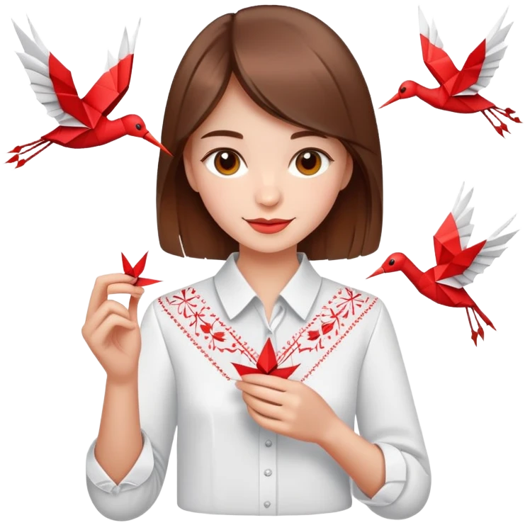 A happy Ukrainian young girl with brown hair in a white embroidered shirt makes an origami red crane craft emoji