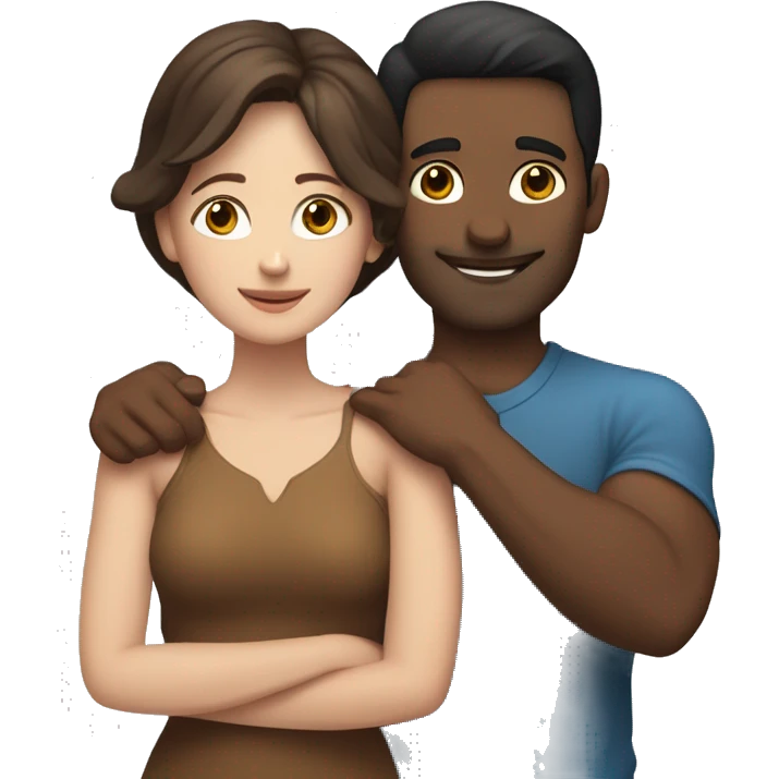 Couple embracing with arms around each other; white woman with blue eyes and brown hair, Indian man with black hair  emoji
