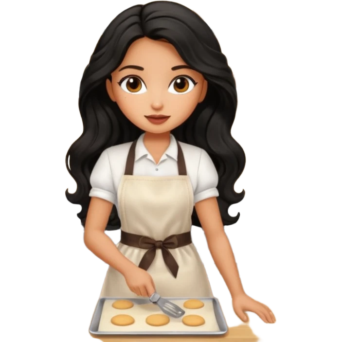 a pretty tan bratz girl with black wavy long hair baking at a restaurant emoji