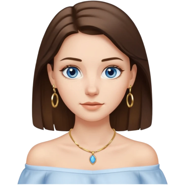 A pretty white girl with brunette hair blue eyes  thin gold hoop earrings and a matching gold necklace in a white shirt that cuts off the shoulders emoji
