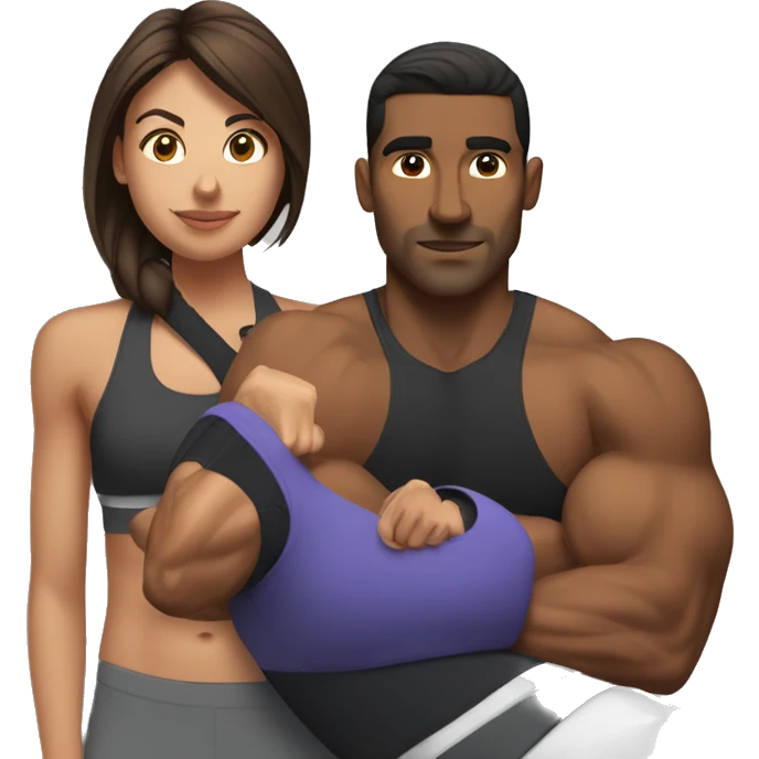 Brown man at the gym With a female trainer with muscles emoji
