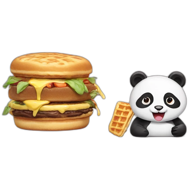 Panda eats a waffle burger with a kitten  emoji