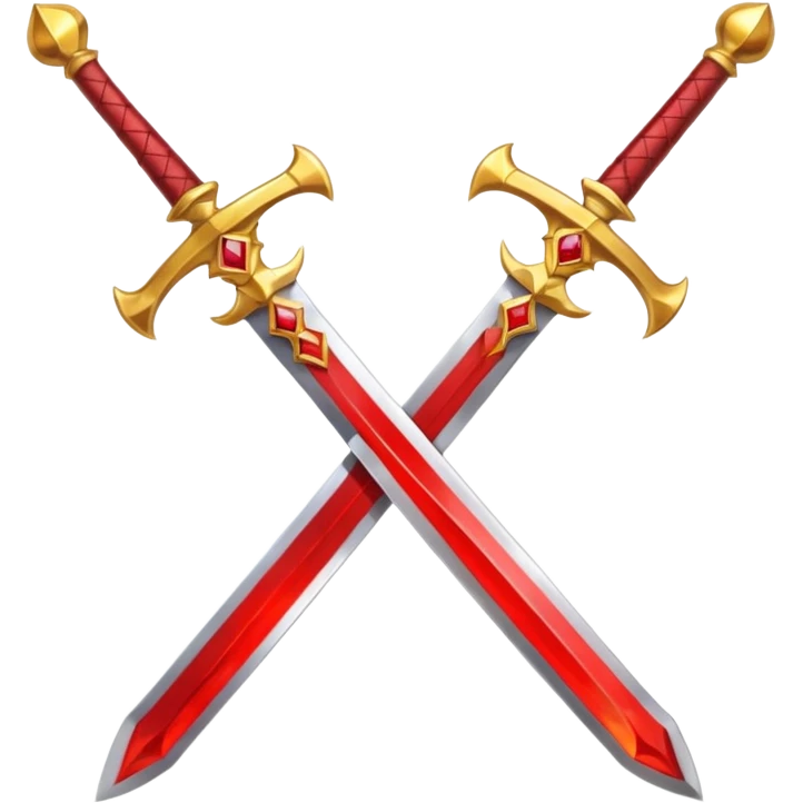 Two crossed swords that are golden in blade and handle and have fiery and royal appearence to them as well as red gem stones yellow in color emoji