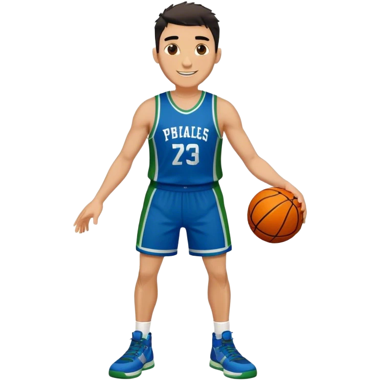 Full Body heavy tall white male with dark short spike hair basketball player wearing blue green uniform smiling emoji