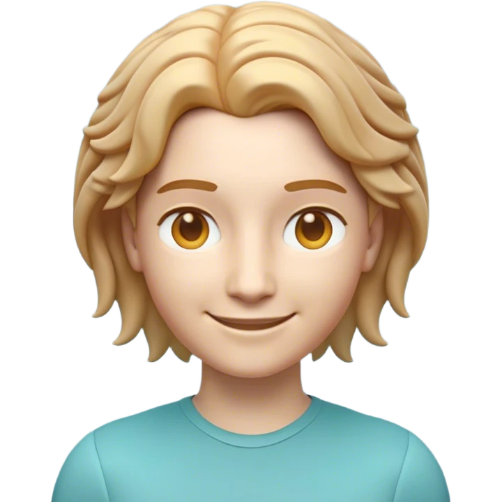 A 3D-rendered Apple-style emoji of a smiling person with a neutral, androgynous face. Their hair is replaced with a detailed brain that has a smooth, rounded texture, symmetrically parted down the center. The brain is a soft teal blue color with realistic folds, blending naturally into the head. The person has warm golden brown eyes, expressive eyebrows, and a friendly yet neutral expression. The lighting and shading should match Apple’s official emoji style, with soft gradients and a polished look. emoji