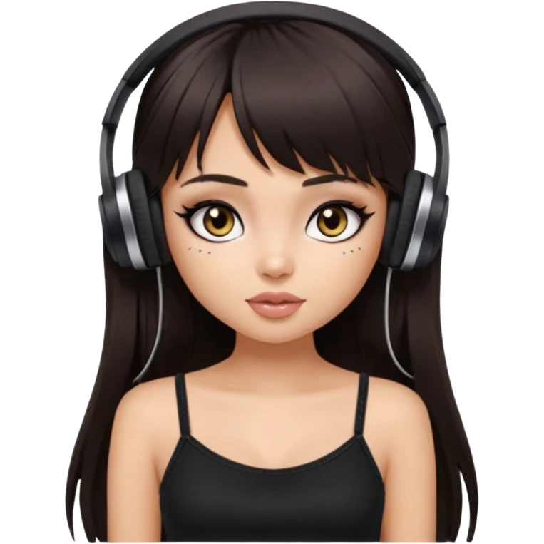 generate a pretty bratz girl in black cami top, dark brown straight long hair with bangs, eyeliner on, listeninh to music emoji