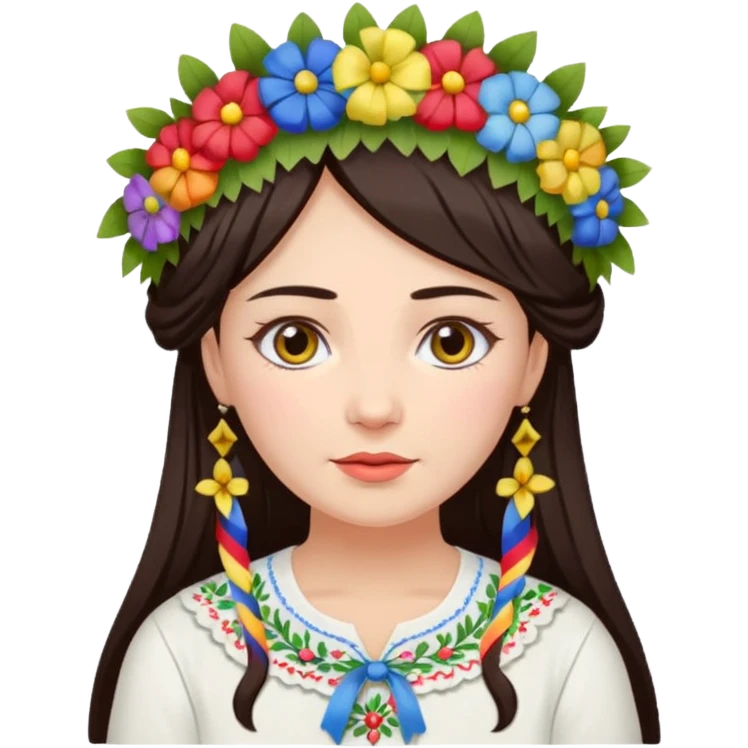 Ukrainian woman in a white embroidered shirt with dark hair in a wreath of flowers with multicoloured ribbons on her head emoji