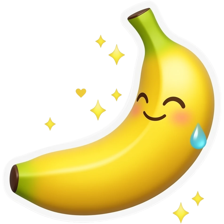 A glossy 3D banana emoji sticker with a cheeky wink, shiny texture, tiny hearts, sparkles, sweat drops and small flames, playful spicy fruit humor, clean transparent background, soft shadow, high quality, no text, no watermark, non-explicit emoji