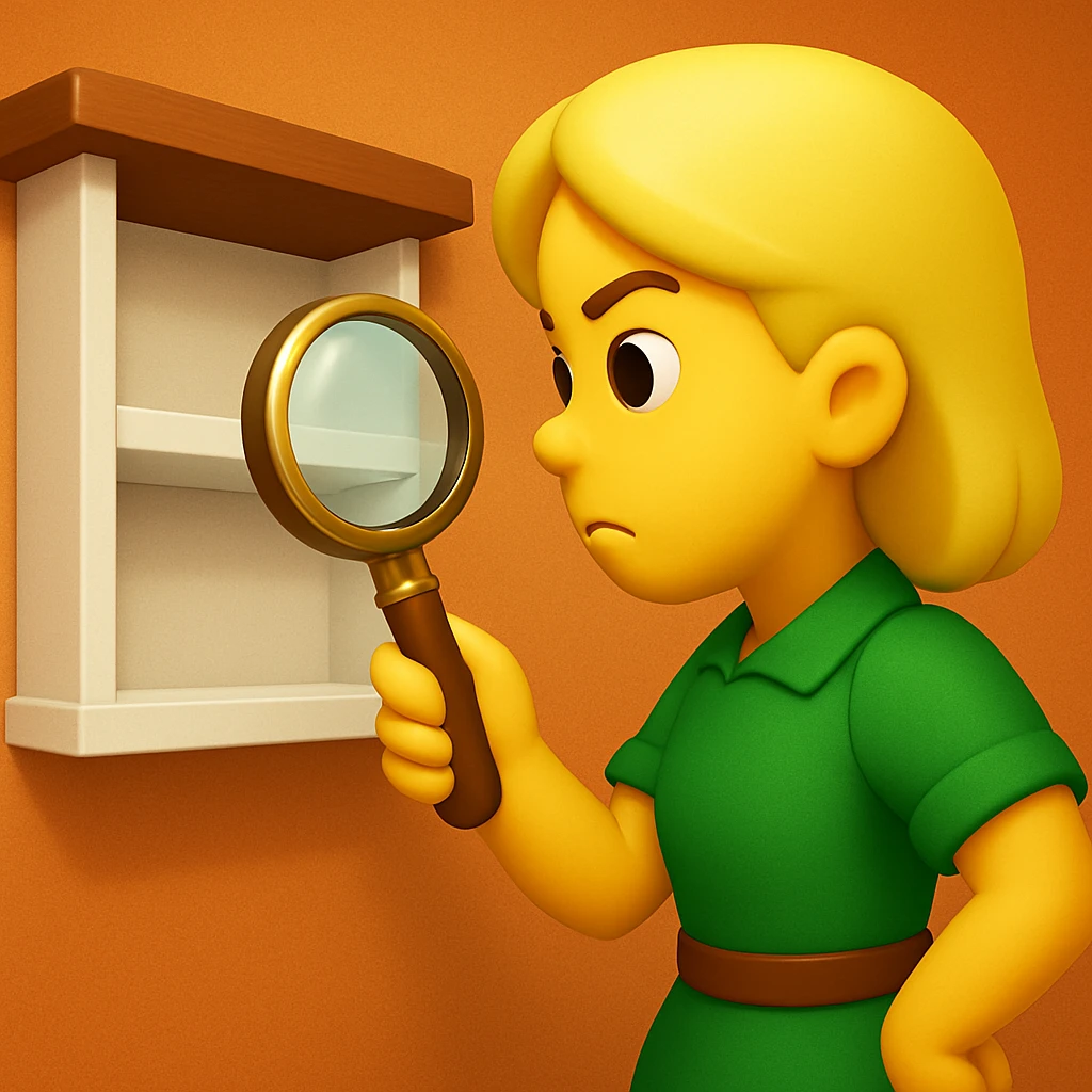 emoji of white empty shelf in perspective view with a standing woman nearby, she is looking at the shelfs with a magnifying glass, she is turned to the shelfs, emoji style, woman wearing a green dress, adjust the perspective to be more dramatic, with a different background emoji