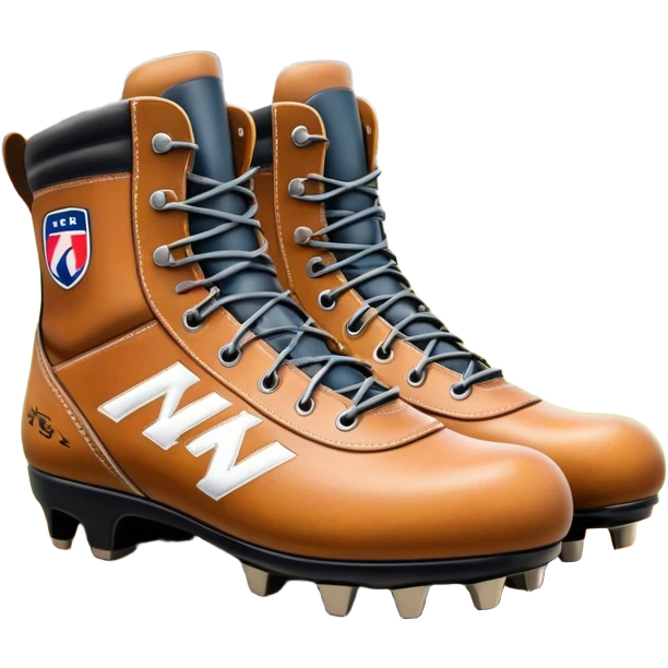 Cinematic Realistic image of a pair of AFL boots, showcasing detailed leather stitching and a rugged sole with fine cleat impressions, captured against a blurred stadium background with high-energy, dynamic lighting emoji