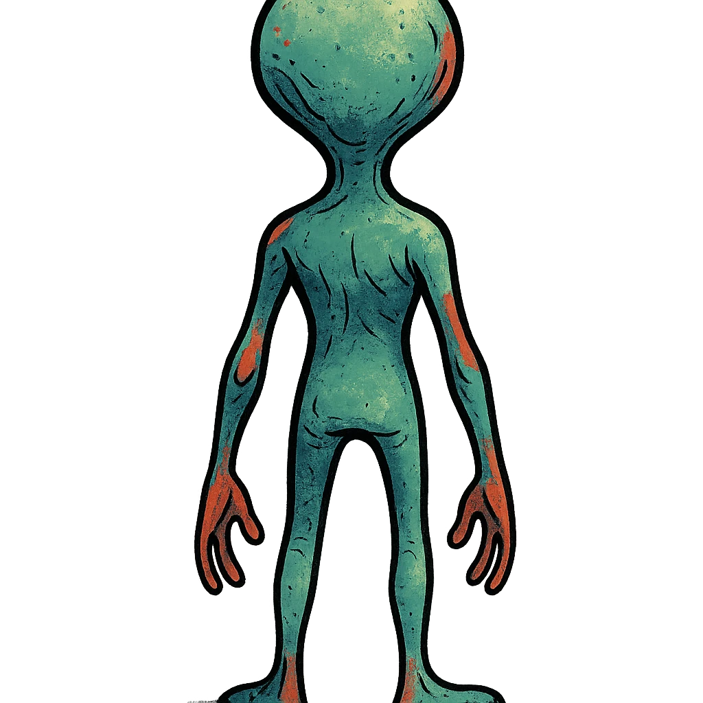alien standing, facing away from the viewer, unique style, creative, imaginative, stylized illustration, rear view, back view, character design emoji