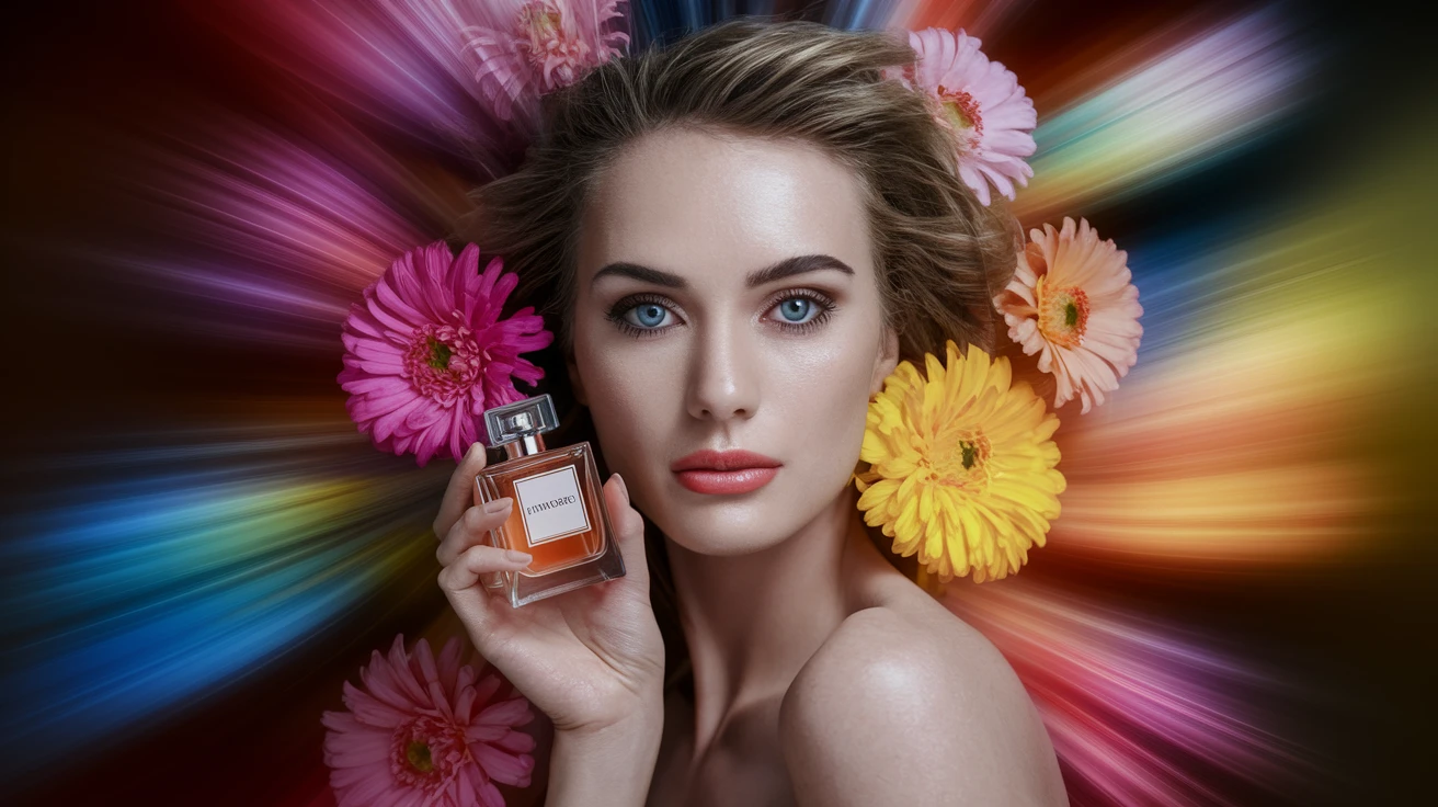 Motion blur Extreme Closeup photo of a beautifull woman holding perfume around beautifull colorfull flowers, cinematic light, 8K, very detailed, sharp, depth (foreground, midground, background) emoji