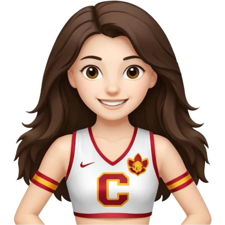 skinny white happy long haired brunette girl in a white USC cheerleader outfit emoji