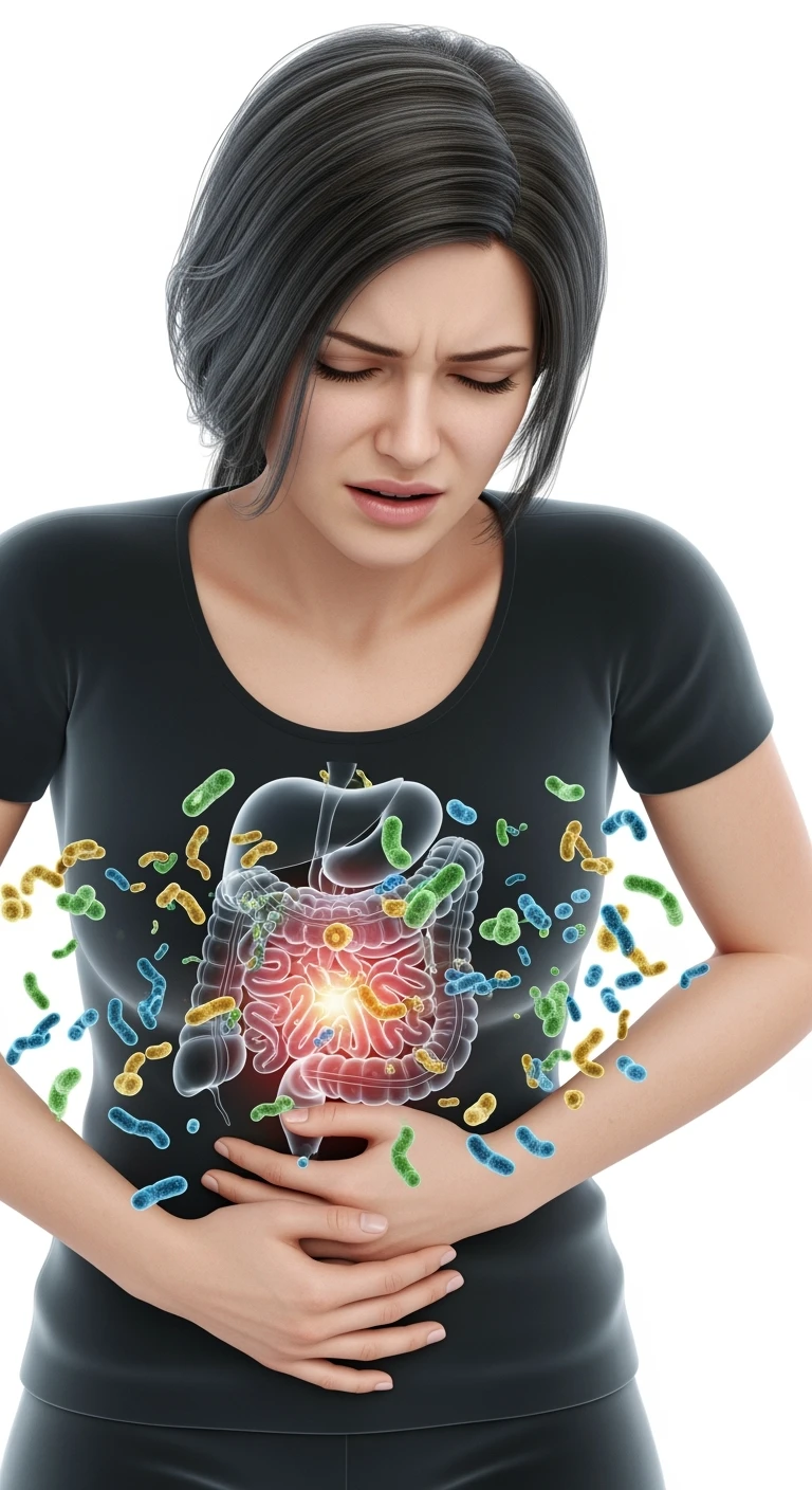 DONNA CON MAL DI PANCIA E INTESTINO UMANO ANATOMICO VISIBILE, BATTERI INTESTINALI FLUTTUANO INTORNO, IPERREALISTICO 4K, SFONDO BIANCO emoji