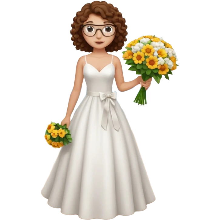 Chica blanca, pelo rizado, gafas, vestido novia playa sin vuelo cuerpo entero, pelo castaño emoji