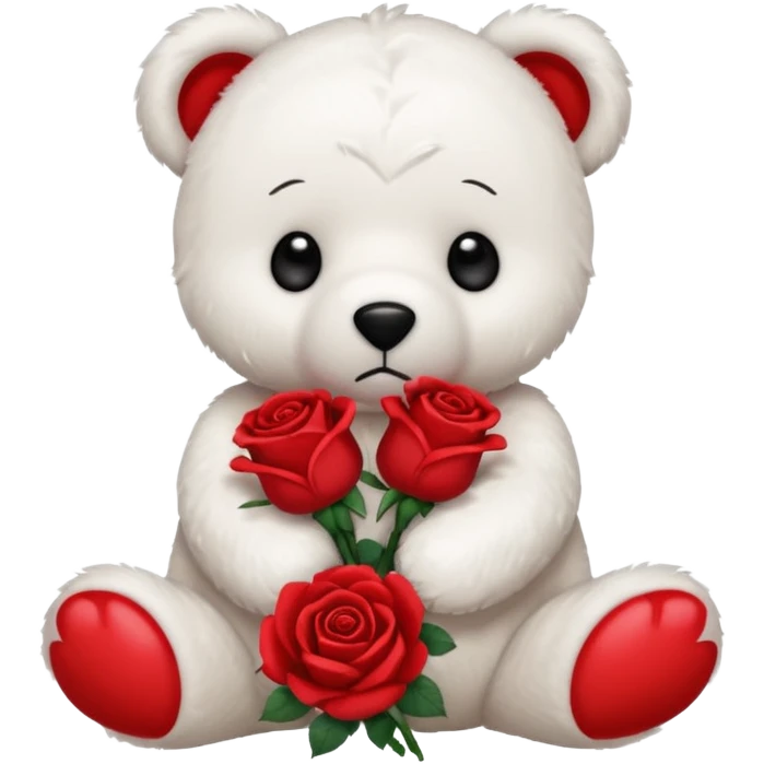 Cute white teddy bear with sad puppy dog eyes holding roses  emoji