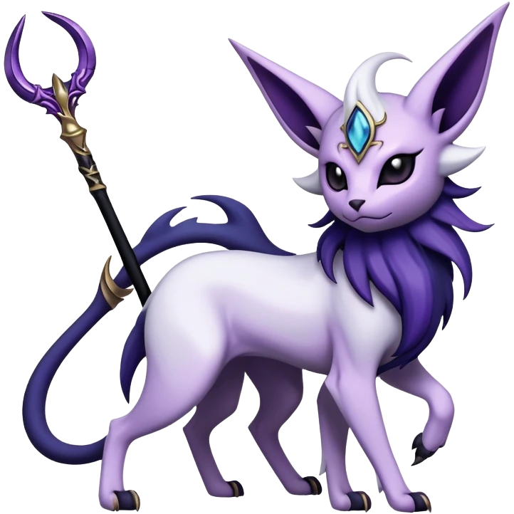 Shiny Exotic Badass Mystical Mysterious Gothic Espeon-Absol-Pokémon-Fakémon-hybrid-creature (full body) with a scythe-shaped-tail emoji