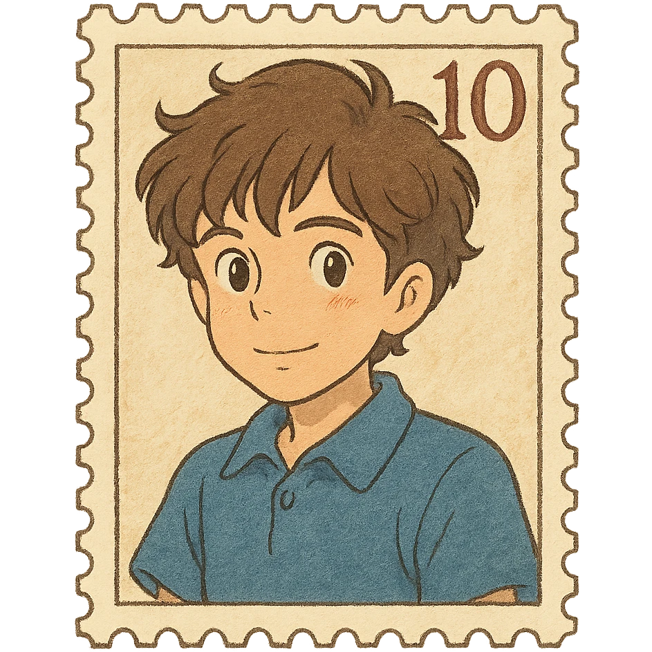 boy with slightly wavy hair designed as a letter stamp emoji