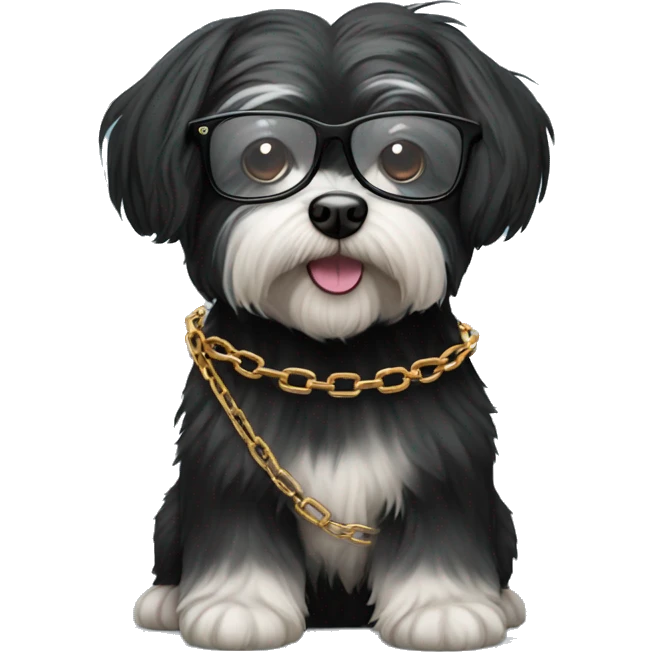 black havanese dog with glasses and a chain emoji