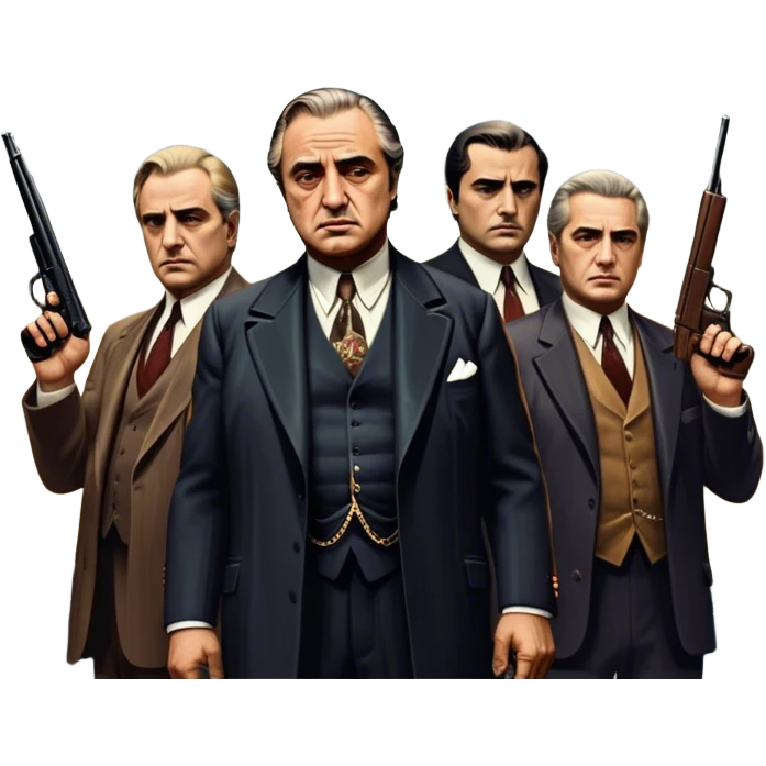 A vintage movie poster-style design featuring Don Vito Corleone surrounded by gangsters with Tommy guns. Include a dark, moody noir atmosphere with skyscrapers of New York in the background. The scene should be tense and mysterious, with a retro cinematic feel. Transparent background. emoji
