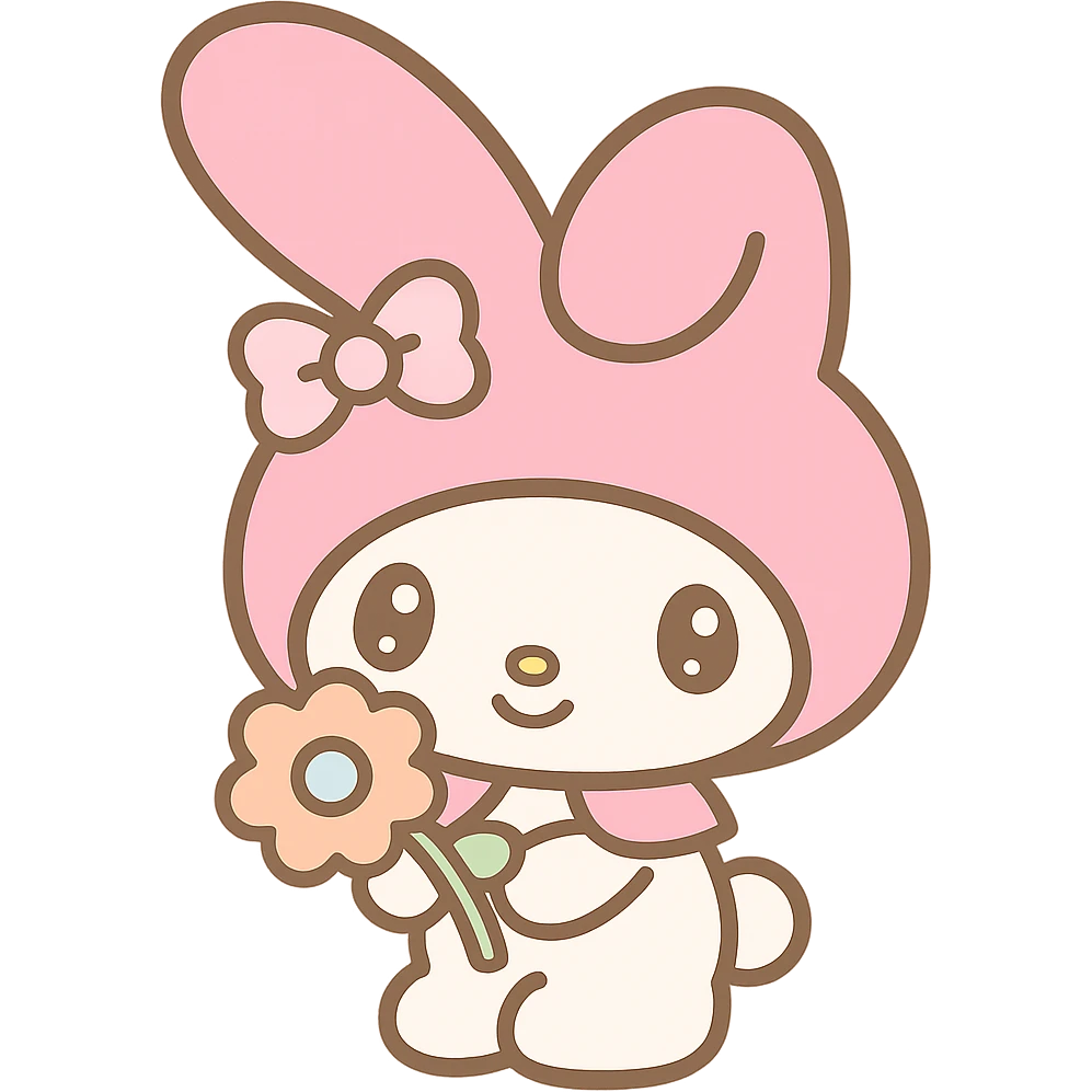 My Melody Sanrio bunny holding a flower with big eyes and pink hood, kawaii style emoji emoji