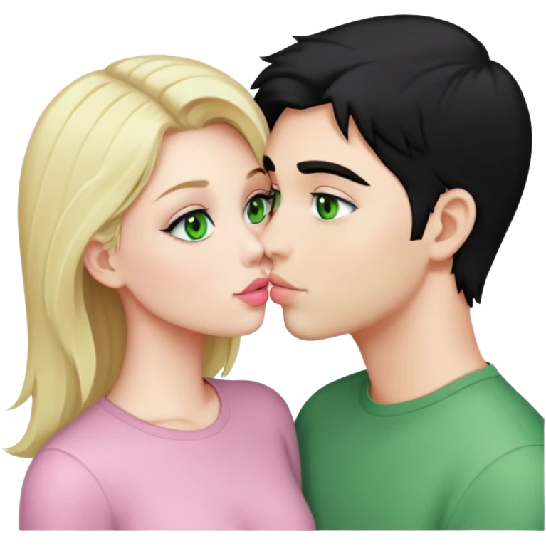 A blonde girl with fair skin and green eyes and light pink lips a guy with black hair and fair skin and green eyes are kissing emoji