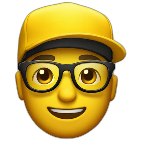 crea un emoji amarillo con lentes de sol tipo aviador y gorra negra emoji