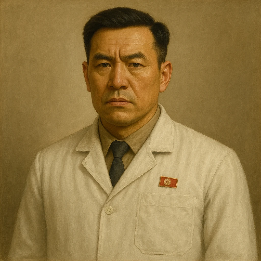 Official portrait of a North Korean man, head of the hull production workshop at a shipyard, serious and formal style, white coat, neutral background, confident and focused expression, style inspired by Soviet and North Korean official portraits, with a different face emoji