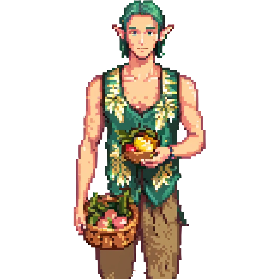 elf male Sleeveless vest with palm-leaf print, basket of exotic fruits (mango/lychee), sunburned nose. emoji