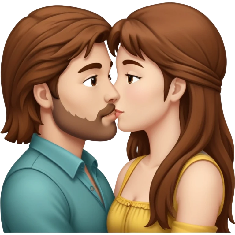 Husband with brown mullet and wife with brown hair kissing emoji