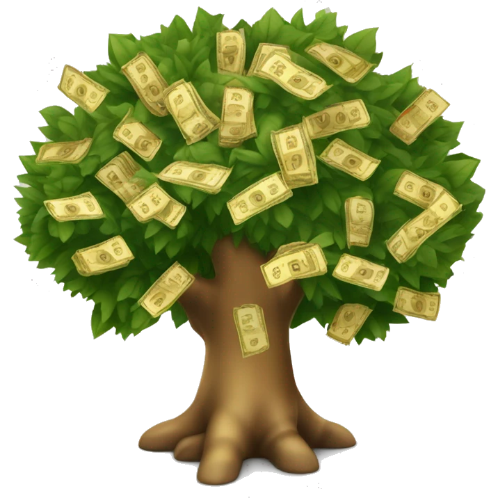 Arbre avec des billets de 100€ et des pièces en or au milieu des feuilles emoji