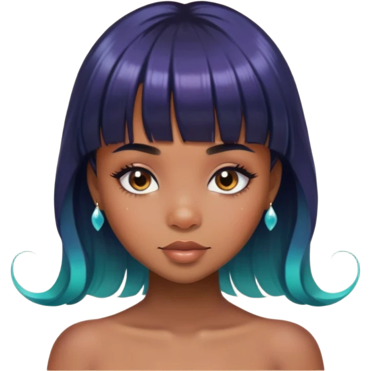 brownskin girl, beautiful girl, mermaid appearance, black straight hair with bangs above eyebrowns, nostril piercing emoji