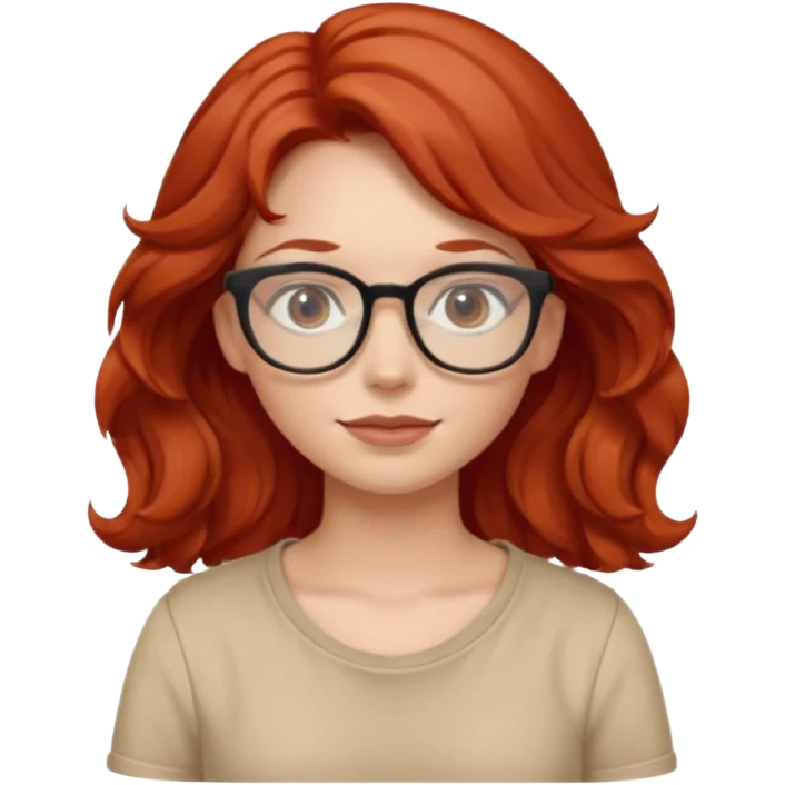 girl wear glasses, wavy red hair, beige shirt\ emoji