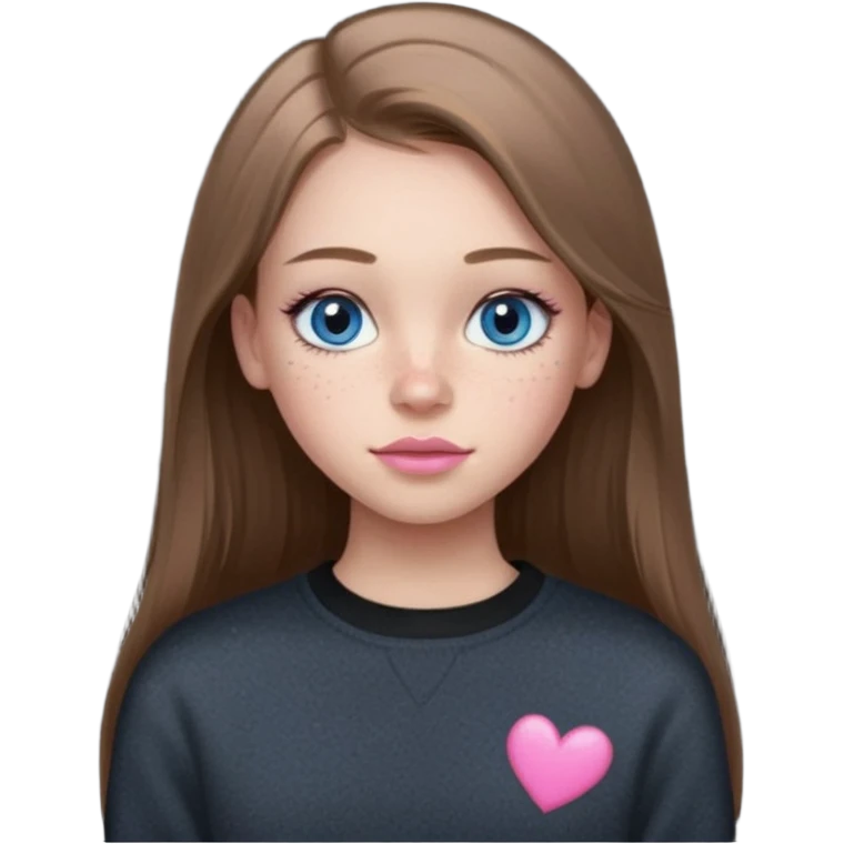 Create a teenage girl with LONG and straight light brunette hair, light skin, light freckles, and blue-grey eyes. She will have pink lips and long eyelashes. She will be wearing a black crewneck.  emoji