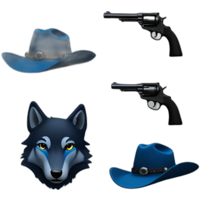 blue wolf. black cowboy hat, cowboy revolver emoji