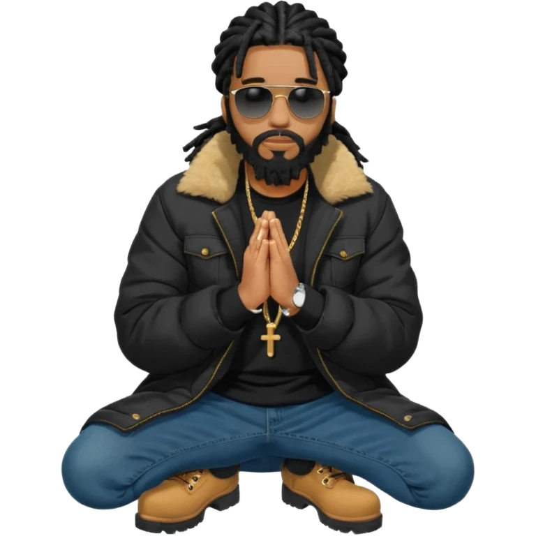 African American man with shoulder length black dreadlocks with black beard wearing black sunglasses wearing a black bubble winter coat  wearing denim skinny jeans and timberland boots praying on knees emoji