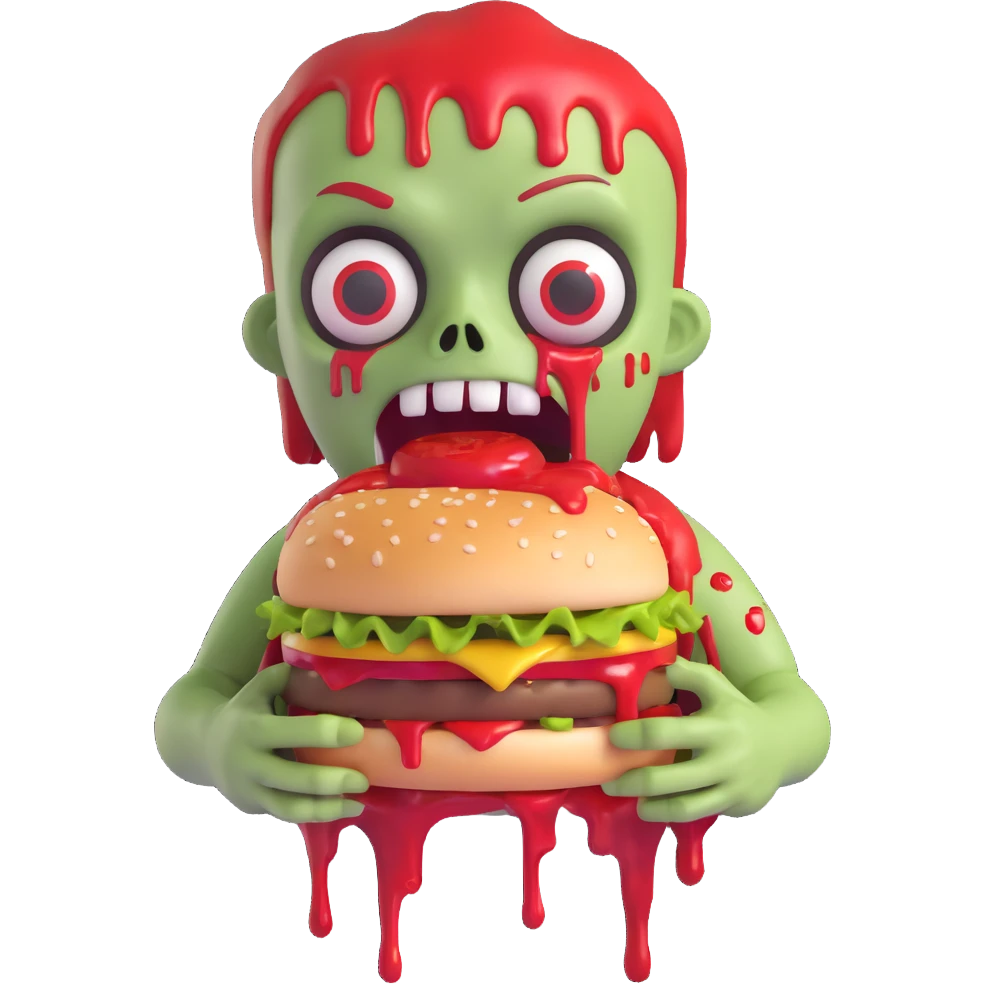 a zombie eating a hamburger dripping ketchup, cute and rounded emoji