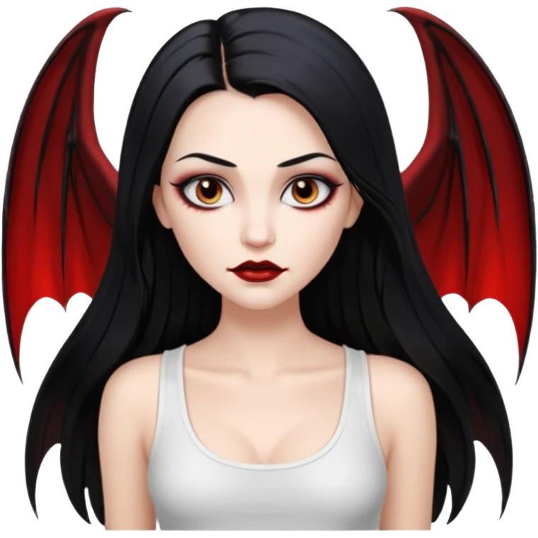 White woman with a white tank top long black hair glossy middle part straight long hair vampire look  brown eyes eyeliner winged with lashes top and bottom white border big lips black eyebrows emoji