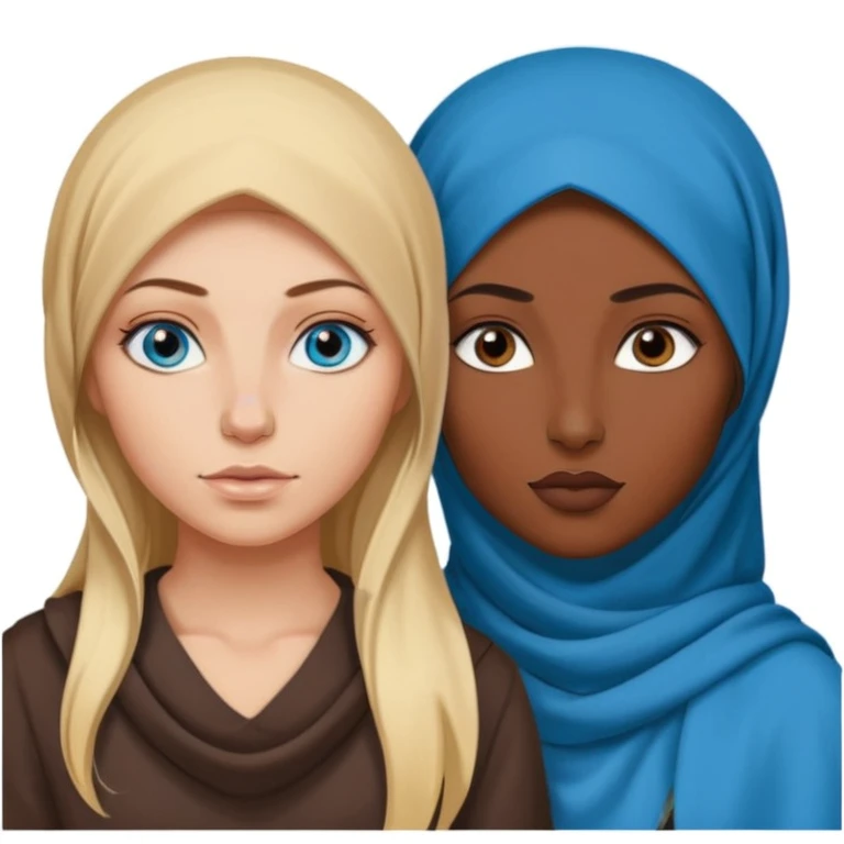 white girl with long blonde hair, blue eyes, tattoos, a septum nose piercing next to a dark skinned woman in a hijab with brown eyes emoji