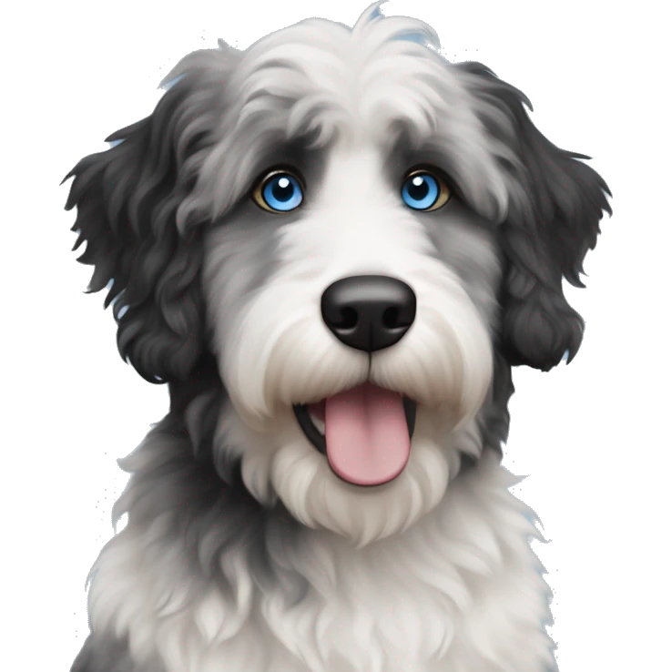 White, black, and grey aussiedoodle dog with blue eyes and black fur around the eyes emoji
