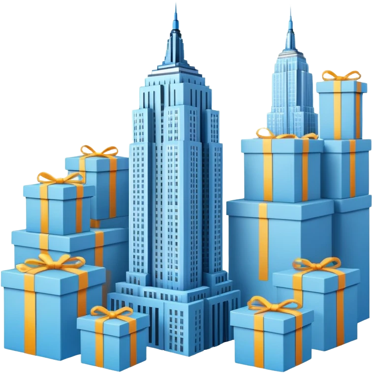 light blue Empire State Building with boxes stacked around, lively emoji